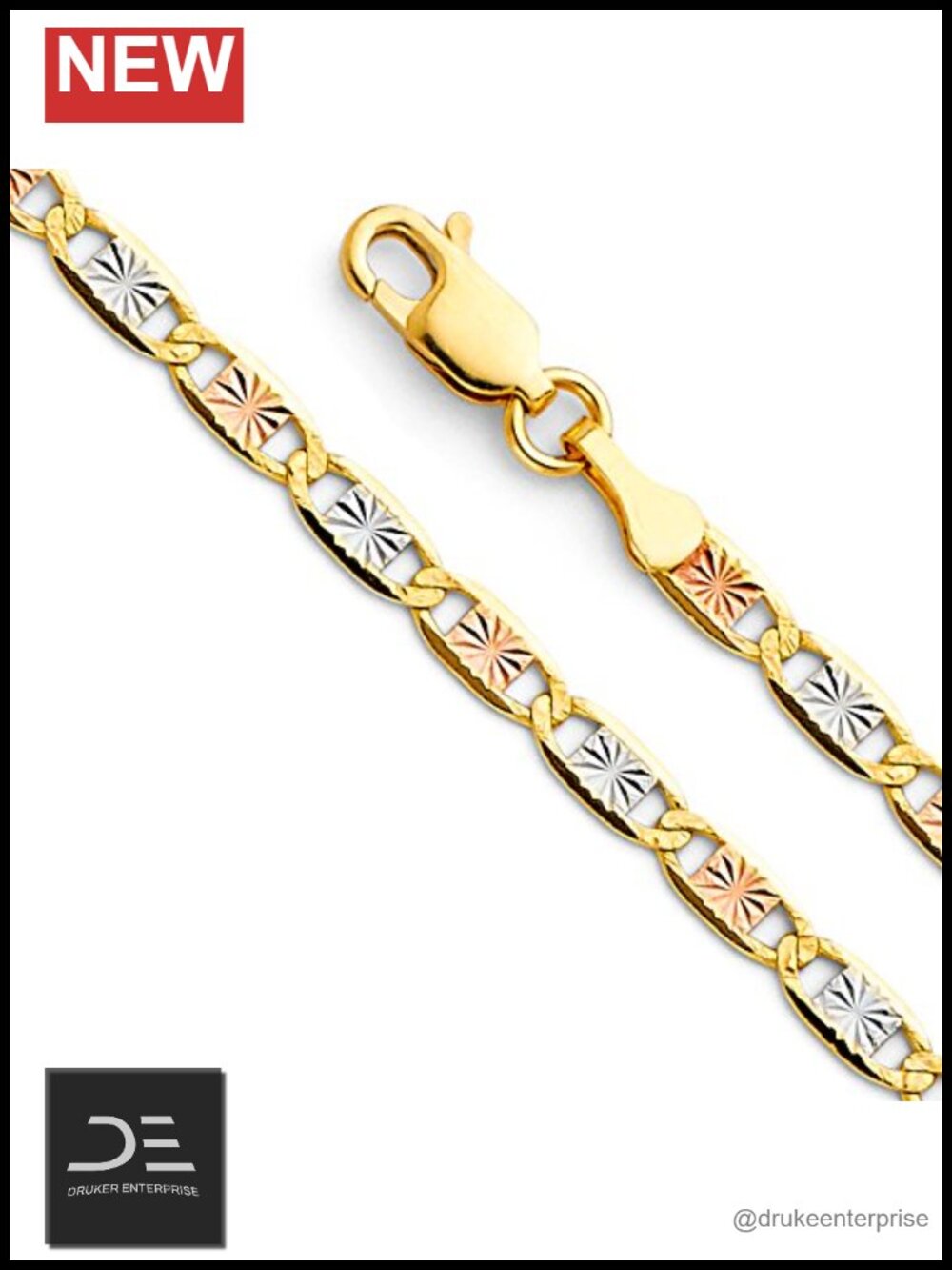 14k Solid Tri Color Gold Diamond Cut Chain Bracelet Necklace 1.5mm 1.3gr